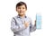 Boy with a milk carton pointing