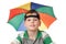 Boy with multi-coloured umbrella on head isolated