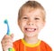 Boy without one teeth with toothbrush