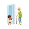 Boy opening the door to an elderly woman, kids good manners concept vector Illustration on a white background