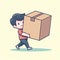 boy with the parcel. A delivery man in red t-shirt holds a cardboard box in his hands. Vector illustration in flat style