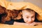 The boy peers out from under the yellow blanket along with his dog, a red poodle. The boy plays with his dog