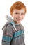 Boy with pet bird budgerigar on shoulder