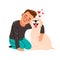 Boy pet love. Kid and dog vector illustration, children puppy friend, pup animal owner happy child cartoon vector