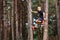 Boy in a pine forest climbed a tree and looks at the camera