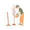 Boy planted tree and watering it. Vector hand drawn