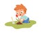 Boy planting tulip. Young guy with garden tool caring flower. Isolated cartoon little male gardening hobbies vector