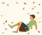 Boy Play Swing and Dried Leaves Floating in the Wind for Season of Autumn Wallpaper.