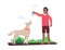 Boy playing ball with dog in nature. Happy man walking pet outdoor. Playful domestic animal. Owner throwing toy for