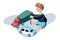 Boy playing with car toys flat illustration