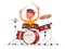Boy playing drums on a white background. Musical children`s perf