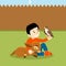 Boy playing with fawn and eagle in his backyard