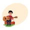 Boy playing guitar sitting on a log, camping, hiking concept