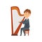 Boy Playing Harp, Talented Young Harpist Character Playing Acoustic String Musical Instrument, Concert of Classical