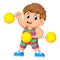 The boy playing and holding up the yellow barbells