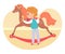 Boy playing with horse toy at home. Little child caring for animal game indoor vector illustration. Hapy kid playtime