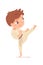 Boy playing karate. Happy kid doing healthy exercise vector illustration. Cute child in kimono striking with leg up