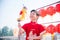 Boy playing lion puppet in chinese new year festival