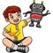 Boy Playing Robot Toy Cartoon Colored Clipart