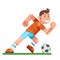 Boy playing soccer child activity football running player cartoon character flat design vector illustration