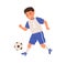 Boy playing soccer, running and kicking ball with foot. Child, football player in sportswear training. Happy kid athlete