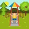Boy playing on a town public park playground. Slides. Children`s playground. Baby-themed flat stock illustration with isolated ele