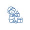 Boy playing with toys,box of bricks line icon concept. Boy playing with toys,box of bricks flat vector symbol, sign