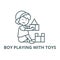 Boy playing with toys,box of bricks line icon, vector. Boy playing with toys,box of bricks outline sign, concept symbol