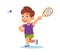 Boy plays badminton. Happy preschool athlete with racket and shuttlecock on court, little kid playing outdoors, leisure