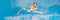 Boy on a pool float on artificial waves in a water park BANNER, LONG FORMAT