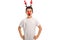 Boy posing with red antlers and a red nose