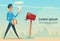 Boy Postman Putting Letter Envelope In Mail Box Post Service