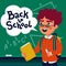 Boy pupil in front of blackboard. Happy child holding book and speech bubble with back to school text. Flat style vector