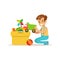 Boy Putting His Toys In Special Box Smiling Cartoon Kid Character Helping With Housekeeping And Doing House Cleanup