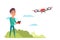 Boy with radio controller and drone quadcopter flat vector illustration
