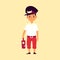 Boy railroad engineer or railway train driver flat vector illustration isolated.