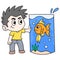 Boy is raising fish in a big aquarium, doodle icon image kawaii