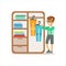 Boy Ranging Clothes In Dresser Smiling Cartoon Kid Character Helping With Housekeeping And Doing House Cleanup