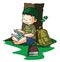 Boy reading book under tree