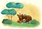 A boy reading with cute bear in green woodland and imagining fan