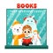 Boy is reading the winter tale beside polar bear, rabbit and yeti. Book store concept. Place for text. Flat style.