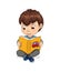 Boy Reading Yellow Book Calmly Vector Illustration
