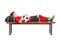 Boy in a red football jersey lying on a bench