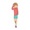 Boy in a red hoodie and blue shorts touching his head suffering a painful headache. Colorful cartoon character