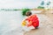 Boy in a red raincoat pours water out of yellow rubber boot into the lake. Child playing with water at pond. Kid having