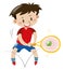 Boy in red shirt playing tennis