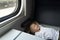 Boy is resting in compartment carriage. Rail travel. Comfortable train ride