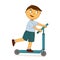 Boy rides a scooter. Cartoon character with outline strokes, big eyes. A boy in T-shirt and shorts, kicks off the road, leg bent.