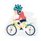 Boy riding a bicycle. Cartoon cute little boy rides a bicycle in a protective helmet. Isolated white background.
