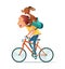 Boy riding a bicycle with a dog. Friendship of the child and the dog. Vector illustration.